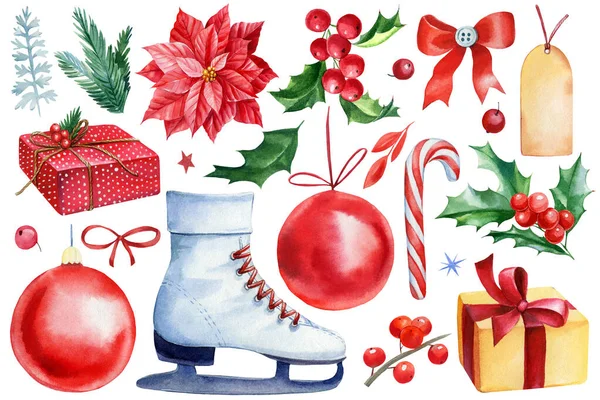 Різдвяний набір елементів на білому ізольованому фоні, м'яч, лук, ковзани, Холлі, пуансетія Акварельна ілюстрація . — стокове фото