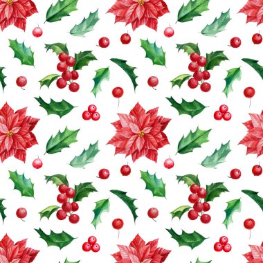 Kusursuz desen, Noel kutsallığı ve noel çiçekleri, elle çizilmiş suluboya çizimi.