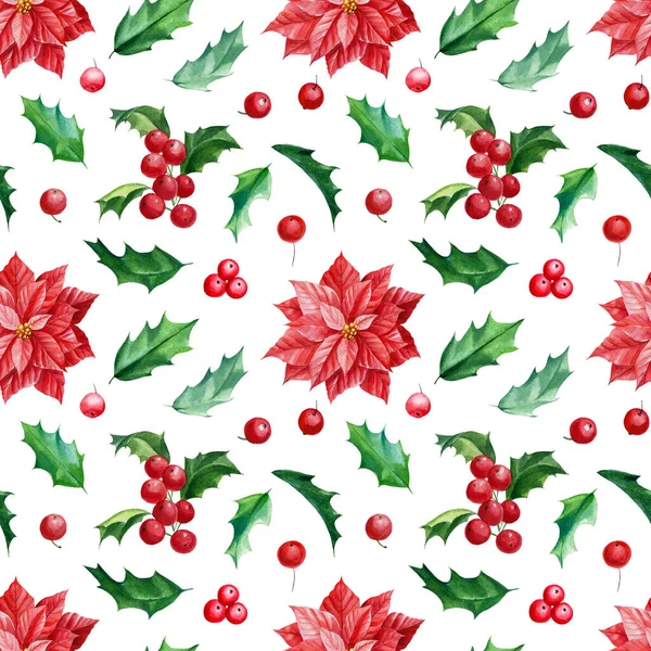 Płynny wzór, Christmas Holly i poinsettia kwiaty, ręcznie rysowane akwarela ilustracja — Zdjęcie stockowe