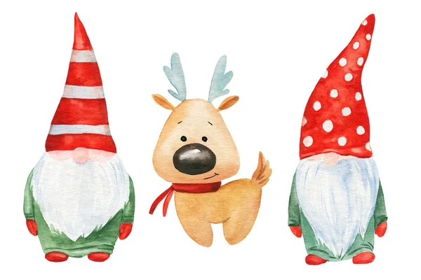 Brinquedo Pai Natal, elfo e veado. Ano Novo e Natal ilustração aquarela. — Fotografia de Stock