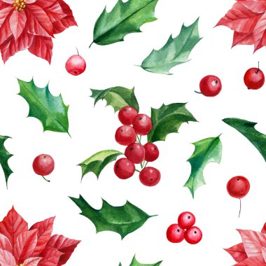 Christmas holly branches and poinsettia flowers, seamless pattern, watercolor illustration clipart