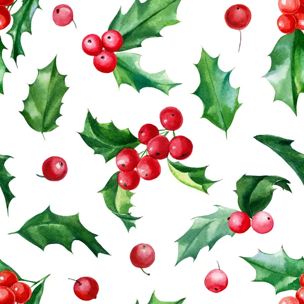 Sömlös mönster, jul järnek, akvarell handritad illustration, nytt år bakgrund — Stockfoto