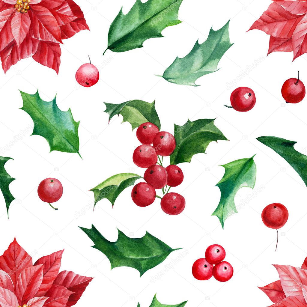 Christmas holly branches and poinsettia flowers, seamless pattern, watercolor illustration
