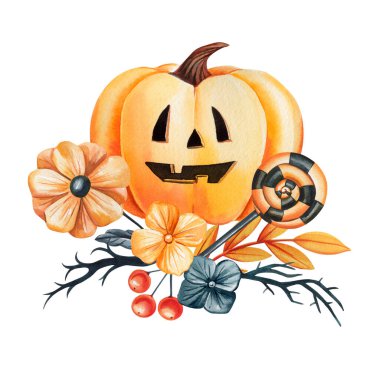 Yüzü oyulmuş suluboya balkabağı, şekerler, lolipop, çiçekler, sonbahar yaprakları ve ürkütücü bir tatil dekoru. Yüksek kaliteli illüstrasyon