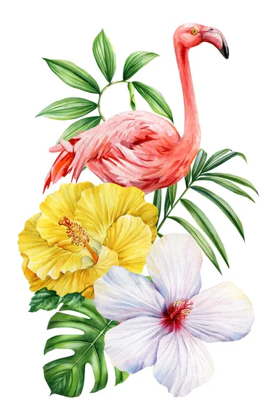 Sarı ve beyaz amfibik çiçekli flamingo ve palmiye canavarı suluboya egzotik çizimler yapar. Yüksek kaliteli illüstrasyon