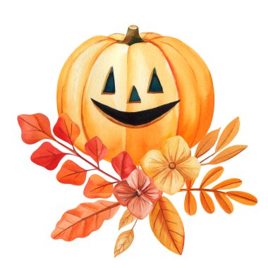 Sonbahar balkabağı Jack o feneri. Sonbahar kırmızı, sarı yapraklar ve çiçekler mevsimlik suluboya çizimleri. Yüksek kaliteli illüstrasyon