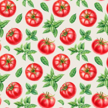 Kırmızı olgun domatesler ve taze nane yaprakları sulu boya desensiz sağlıklı organik sebze arkaplanı. Yüksek kaliteli illüstrasyon