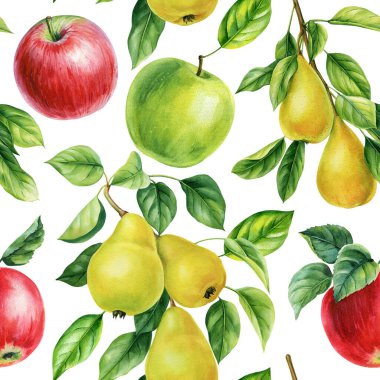 Yeşil yapraklı elmalar ve armutlar dikişsiz sulu boya desenli taze bahçe meyveleri sağlıklı gıda tasarımı, yaz bitkileri. Yüksek kaliteli illüstrasyon