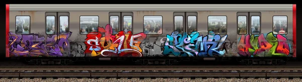 Ein Hyperrealistischer Bahn Zug Mit Graffiti Beschmiert — Stockfoto