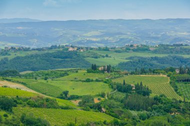 Yuvarlanan tepeleri, üzüm bağları ve çiftlik evleri ile Toskana kırsalında ortaçağdan kalma San Gimignano, Siena, Toskana, İtalya 'da görüldü..