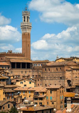 Siena 'nın tarihi merkezinin silueti, Palazzo Pubblico' nun arkası ve Sant 'Agostino Manastırı yakınlarındaki Torre del Mangia..