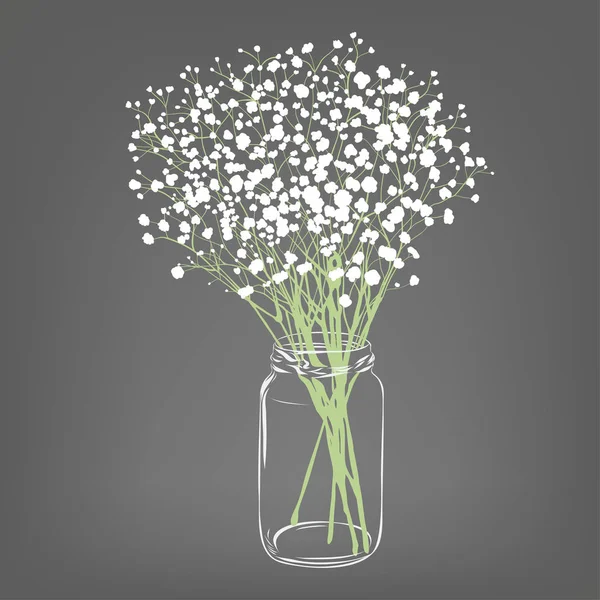 White Flowers Bouquet Gypsophila Flowers Transparent Clear Glass Jar Grey — Stock Vector