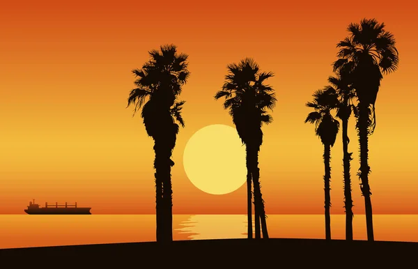 Sunset beach silüeti palmiye ağaçları ile. Vektör çizim.