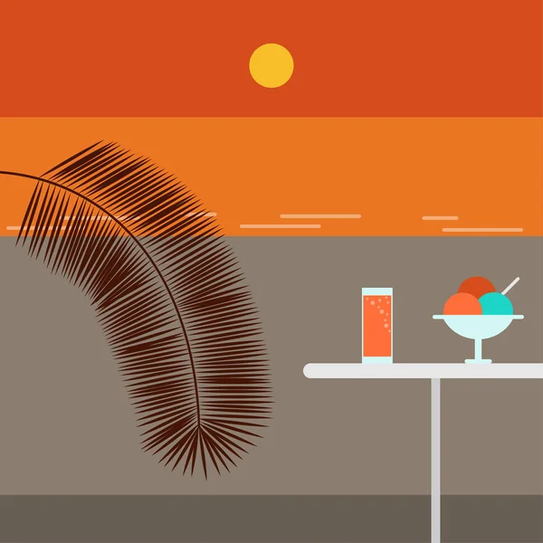 Sunset beach ve kafe. Açık. Vektör düz çizim.