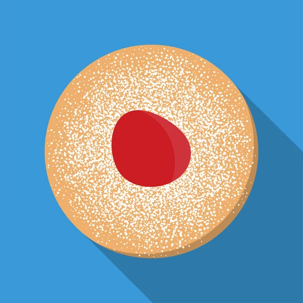 Donut con gelatina y azúcar en polvo. Celebración de Hanukkah. Ilustración plana del vector . — Vector de stock