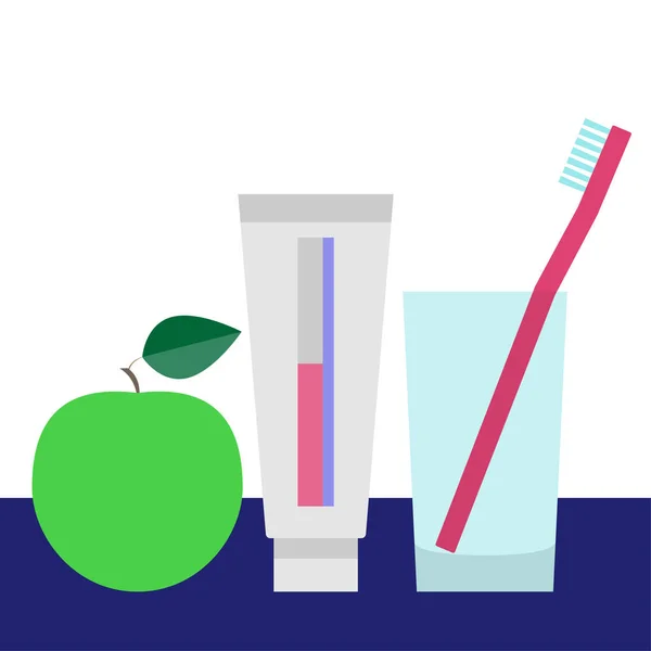 Dentes Cuidados Conceito Odontológico Escova Dentes Vidro Pasta Dentes Maçã —  Vetores de Stock