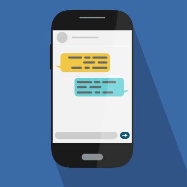 Siyah cep telefonundan sohbet mesajları bildirimi. Mavi arka planda izole edilmiş. Vektör düz resimleme.