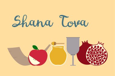 Rosh hashanah. Yahudi Yeni Yıl tebrik kartı. Elma, bal, şalgam, nar, kiraz şarabı. Vektör illüstrasyonu.