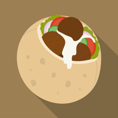 Pide soslu falafel. Geleneksel Orta Doğu yemekleri. Bej arkaplanda izole edilmiş vektör düz illüstrasyon.