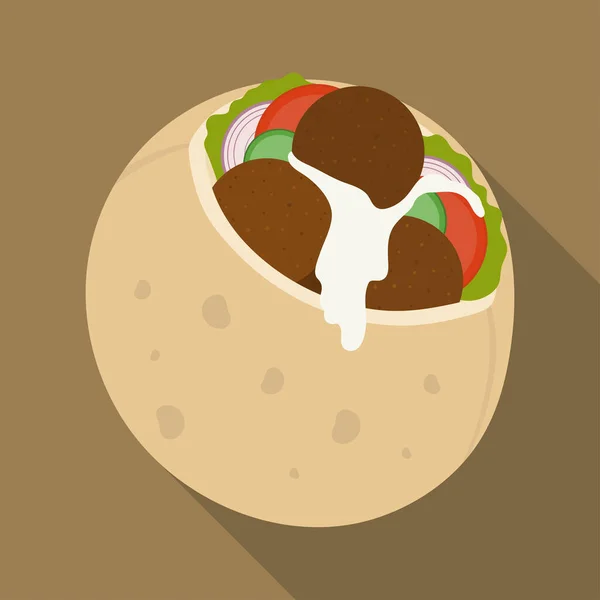 Pide soslu falafel. Geleneksel Orta Doğu yemekleri. Bej arkaplanda izole edilmiş vektör düz illüstrasyon.