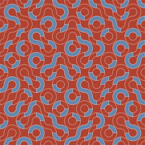 几何无缝图案 常规的Truchet向量重复背景 红色背景上有白色笔迹的蓝色和红色形状 — 图库矢量图片