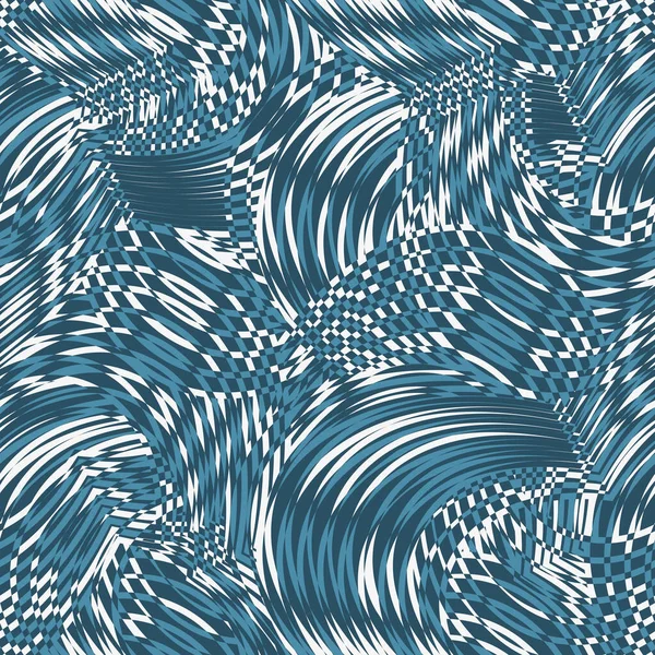抽象幾何学的な青と白の波状の水の形 プリント 文房具 ファッションやインテリアテキスタイル材料のためのシームレスベクトルパターン — ストックベクタ