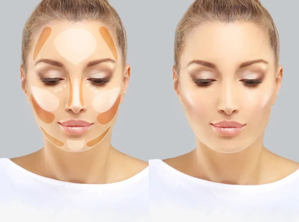 Contouring.Make up woman face. Contour and highlight makeup.