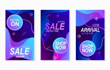 Sosyal medya hikayeleri tanıtımı ve reklamı için renkli sıvı şekilli soyut modern vektör satış etiketleri dizaynı