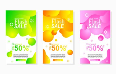 Sosyal medya reklamları ve tanıtım hikayeleri için sıvı şekilli renkli etiket dizaynı