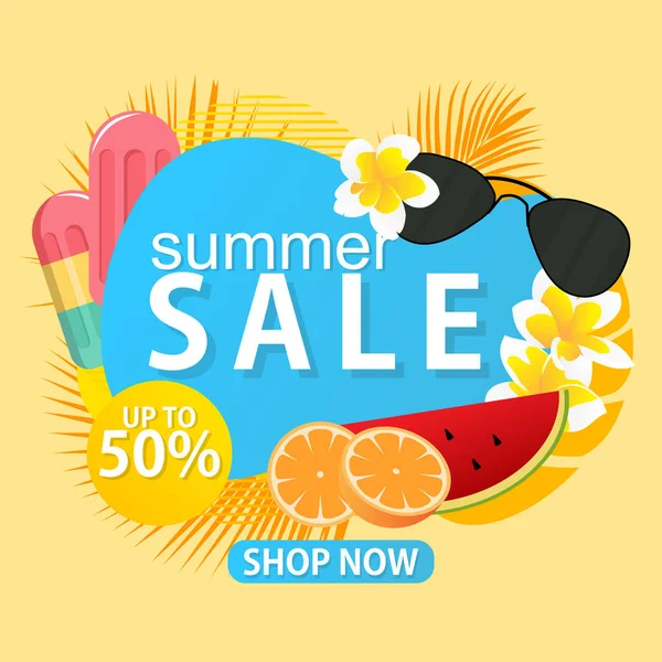 Summer Sale Poster Promotion Tropical Leaf Social Media Advertisement — Stock Vector