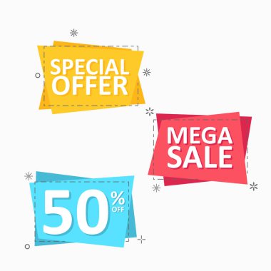 Reklam için düz tasarım konseptine sahip vektör satış etiketleri ve fiyat etiketleri