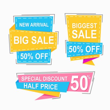 Reklam ve tanıtım için düz tasarımlı renkli satış etiketleri.