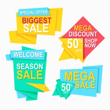 Soyut origami seti düz etiket tasarım kavramına sahip renkli satış etiketleri tanıtım ve reklam için