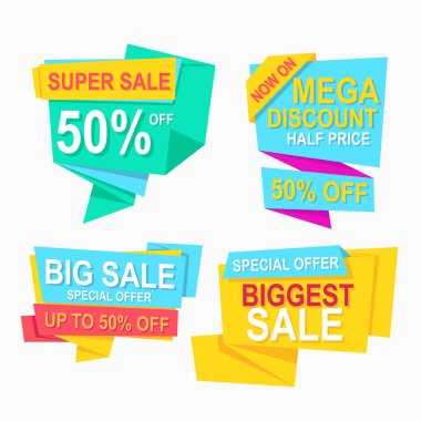 Etiket ve etiket tanıtımı için düz tasarım kavramına sahip origami konuşma balonu