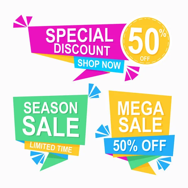 Soyut düz origami kavramı ile promosyon için vektör satış etiketleri ve fiyat etiketleri