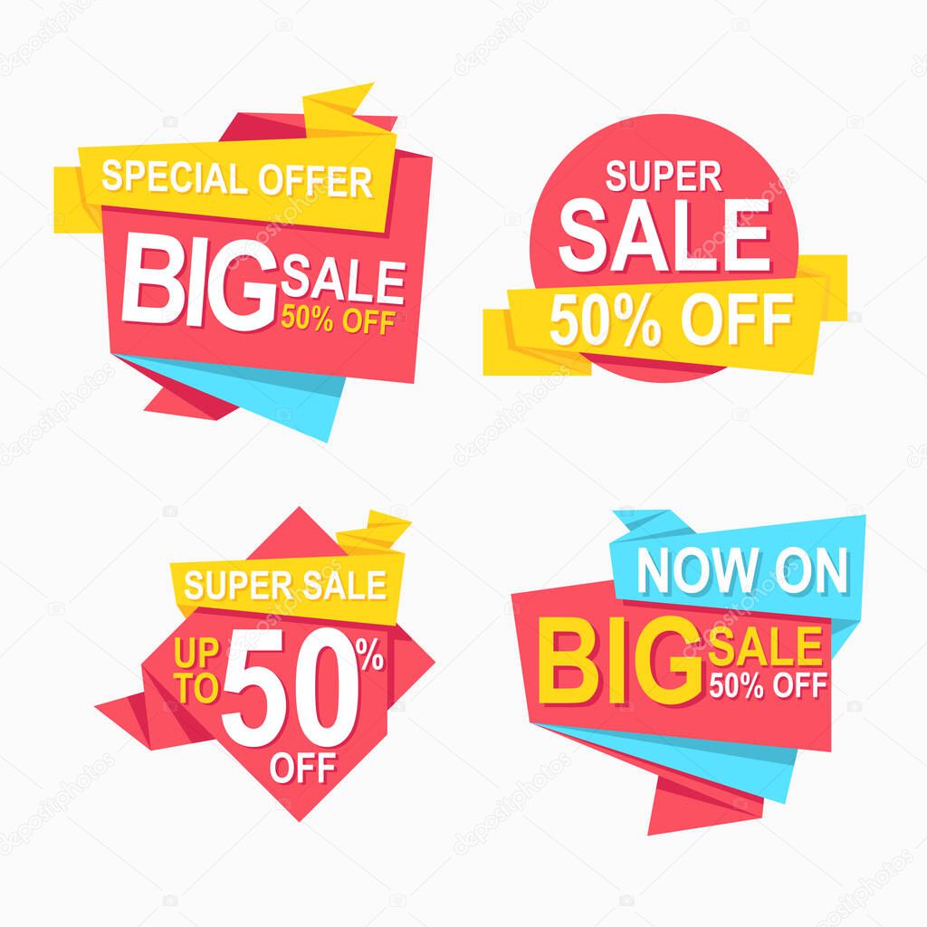 abstract geometric set of colorful sale stickers with flat origami design for promotion and advertisement