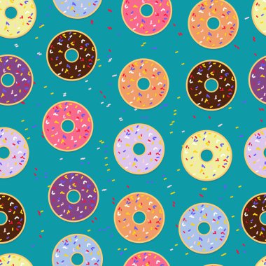 Mavi pastel arka planı olan kusursuz donut deseni. Duvar kağıdı, hediye paketi, kafe yemeği, atıştırmalık, ambalaj.