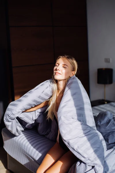 Portrait Happy Calm Woman Bedroom Gray Stripped Blanket Black Beige — Stock Photo, Image