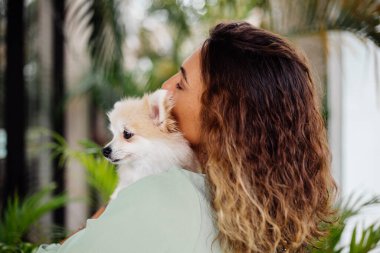 Avrupalı kıvırcık tenli kadının açık hava portresi mutlu köpekli pomeranian spitz tutuyor. Elinde gümüş bilezik var. Güzel beyaz tüylü köpek yavrusuyla vakit geçirmek. Evcil hayvanlarla mutlu anlar. Egzotik arkaplan.