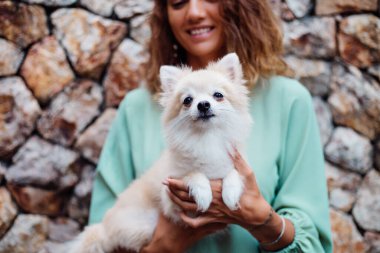Romantik yaz elbisesi içindeki genç Avrupalı kadın, bilezik, tuğla duvarın arkasında köşkün dışında sevimli pomeranya köpek salyası tutuyor..