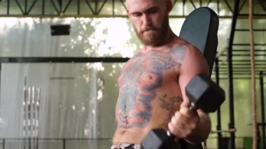 Genç, kaslı, güçlü, kaslı, sakallı Avrupalı adam omuzlarında dambıllarla sıkı egzersiz yapıyor.    