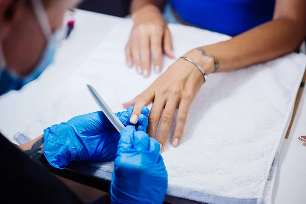 Hardware Manicure Process Beautiful Female Hands Finger Nail Treatment Making — Stock Photo, Image
