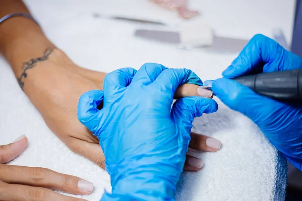 Hardware Manicure Process Beautiful Female Hands Finger Nail Treatment Making — Stock Photo, Image