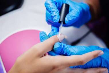 Donanım manikür süreci. Güzel kadın elleri. Tırnak tedavisi, işlem. Jöle cilası pembe, mor. Güzellik ve el bakımı kavramı.