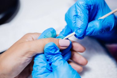 Donanım manikür süreci. Güzel kadın elleri. Tırnak tedavisi, işlem. Jöle cilası pembe, mor. Güzellik ve el bakımı kavramı.