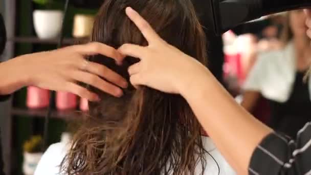Ein Friseurmädchen Glättet Einem Kunden Die Haare Das Mädchen Sitzt — Stockvideo