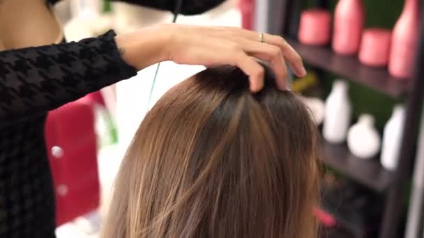 Keratin Prosedürleri Güzellik Salonu Saç Kurutma Makinesi Kullanıyor Sosyal Mesafe — Stok video