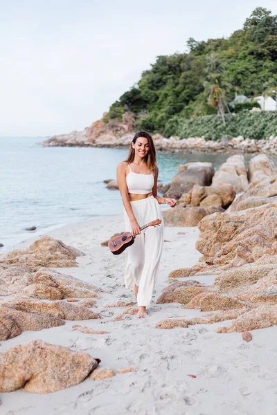 Romantic Young Happy Calm Caucasian Woman Ukulele Tropical Rocky Beach — Stock Photo, Image