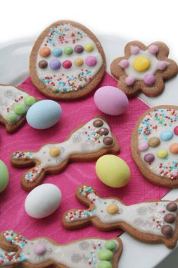 Tavşan şeklinde ev yapımı Paskalya kurabiyeleri ve beyaz arka planda bir tabakta Paskalya yumurtası. Seçici odak için ilkbahar arkaplanı