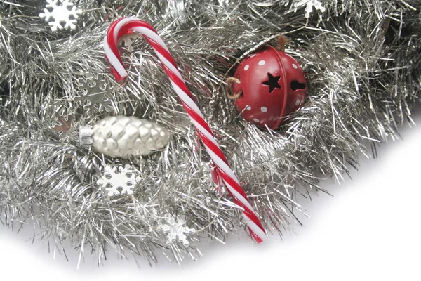Candy Hůl Vánoční Stříbro Červené Dekorace Izolované Bílém Pozadí — Stock fotografie